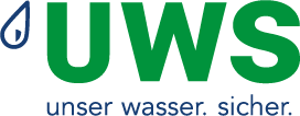 Logo der UWS: "Unser Wasser, sicher" mit Tropfen-Symbol.